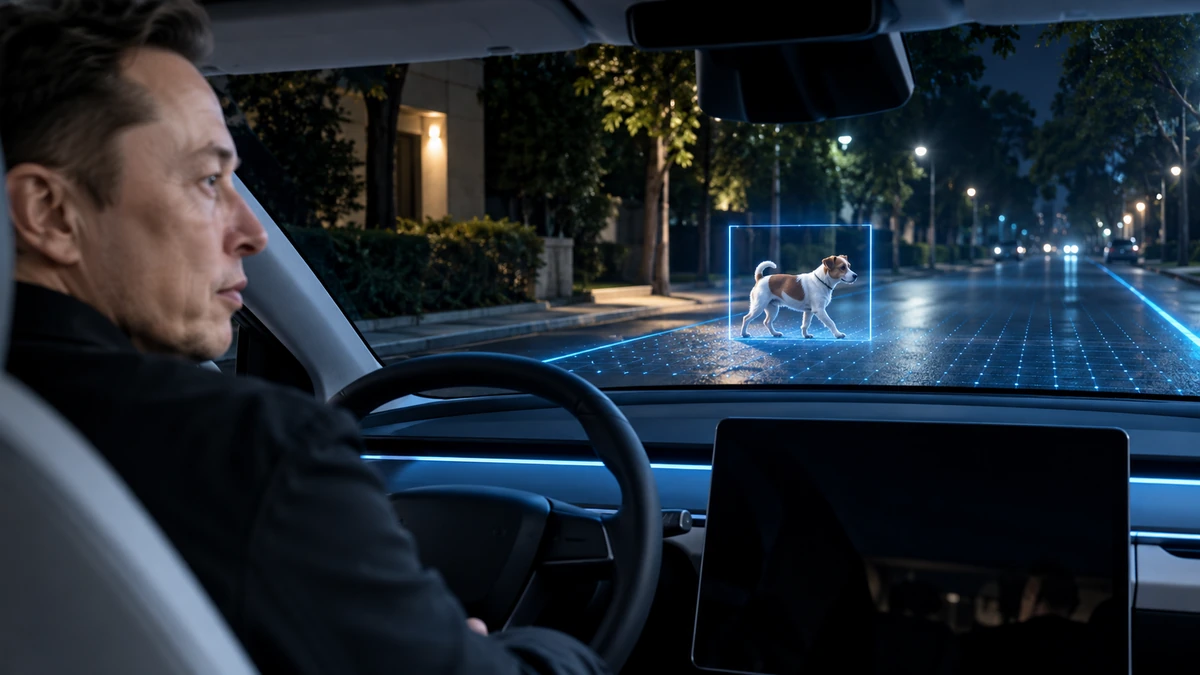 Góc nhìn cận cảnh từ camera xe tự lái Tesla đang nhận diện một chú chó nhỏ bước từ vùng tối ra lòng đường