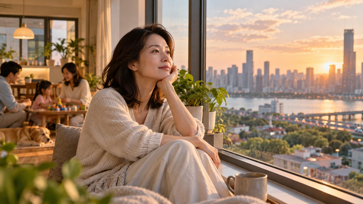 Một người trưởng thành ngồi bình yên bên cửa sổ trong căn hộ hiện đại, phía xa là nhịp sống gia đình và thành phố, gợi cảm giác tự do xen lẫn suy tư của người chọn sống không con cái.