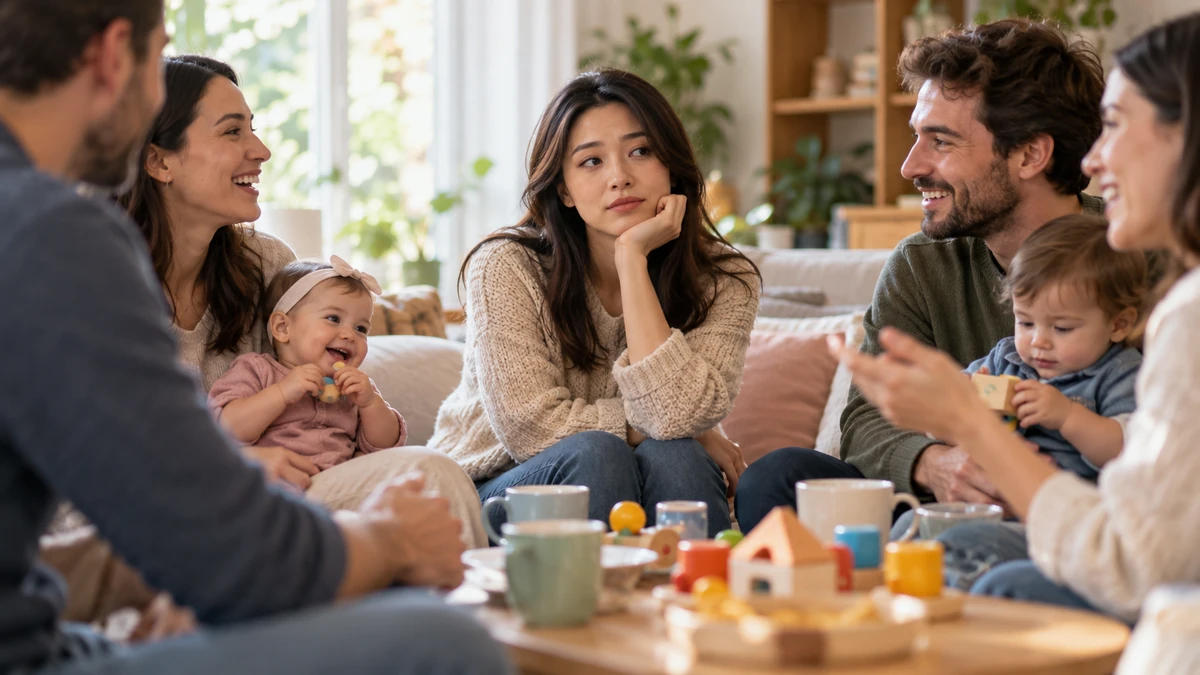 Cận cảnh một người ngồi trong buổi gặp mặt bạn bè có con nhỏ, biểu cảm nhẹ nhàng nhưng có chút lạc lõng giữa những cuộc trò chuyện xoay quanh việc làm cha mẹ.