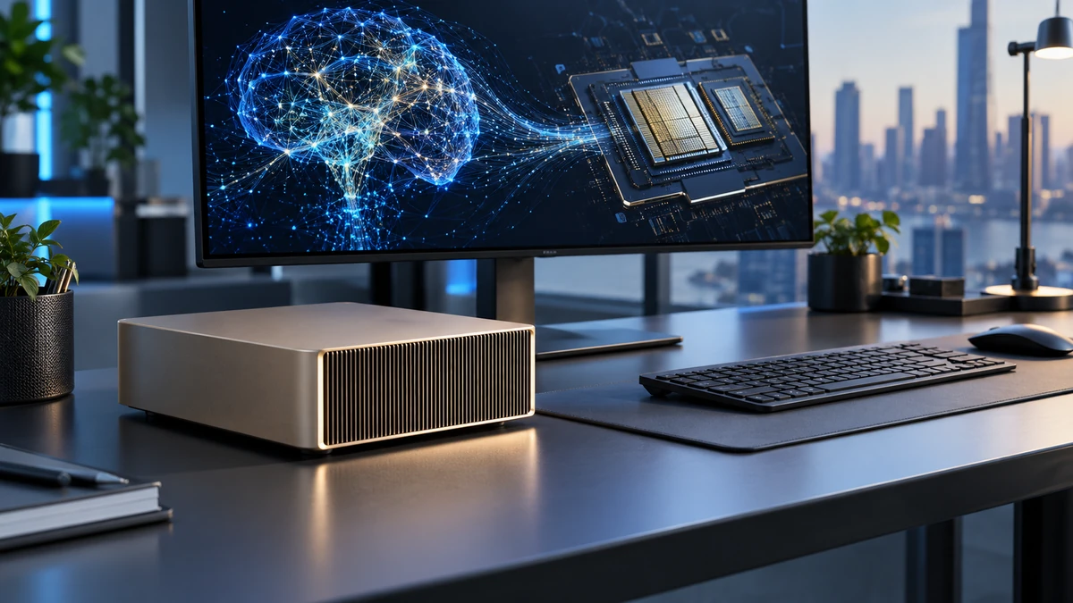 NVIDIA DGX Spark đặt trên bàn làm việc hiện đại, góc chụp ba phần tư làm nổi bật thiết kế máy AI nhỏ gọn, màn hình phía sau hiển thị mô hình AI và đồ họa Grace Blackwell