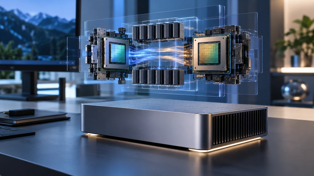 Góc cận cảnh DGX Spark với hình minh họa kiến trúc Grace Blackwell, luồng dữ liệu CPU-GPU và bộ nhớ hợp nhất trong một hệ thống AI để bàn
