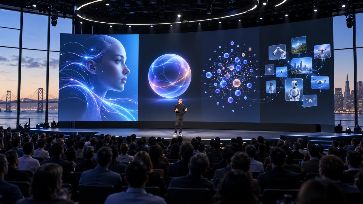 Toàn cảnh sân khấu OpenAI DevDay 2026 với giao diện GPT-6.1 Sol, Dots và hệ sinh thái AI tác nhân trên màn hình lớn, không khí hội nghị công nghệ hiện đại tại San Francisco