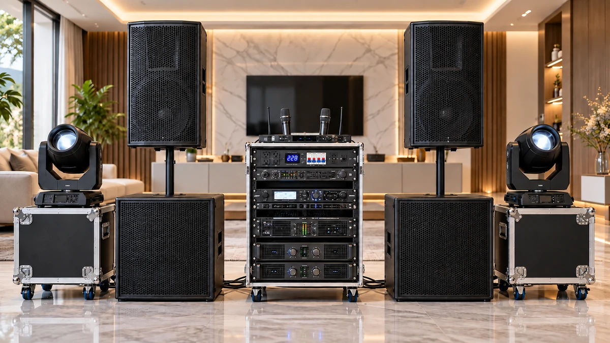 Toàn cảnh rack âm thanh chuyên nghiệp với ổn áp và bộ quản lý nguồn bố trí cùng hệ thống ampli, ánh sáng kỹ thuật hiện đại, thể hiện rõ hai tầng bảo vệ nguồn.