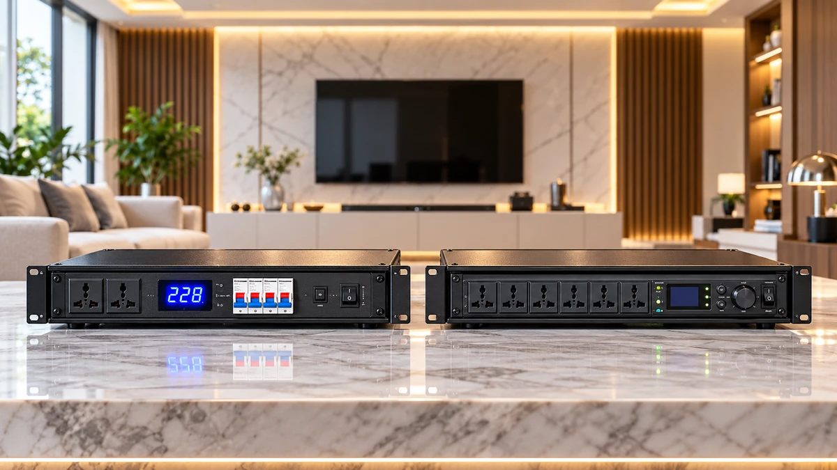 Cận cảnh đặt ổn áp và quản lý nguồn cạnh nhau, làm nổi bật đồng hồ điện áp, màn hình hiển thị, công tắc và các ngõ cấp nguồn để trực quan hóa sự khác biệt.