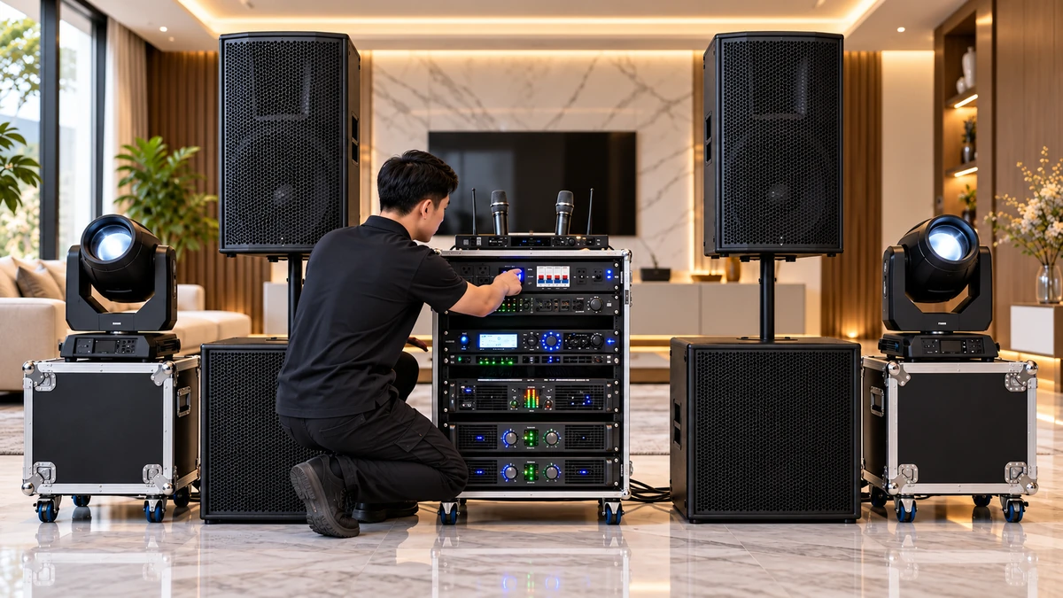 Kỹ thuật viên thao tác bật hệ thống âm thanh qua bộ quản lý nguồn, các thiết bị trong rack lần lượt khởi động theo trình tự từ bộ xử lý tín hiệu đến cục đẩy công suất.
