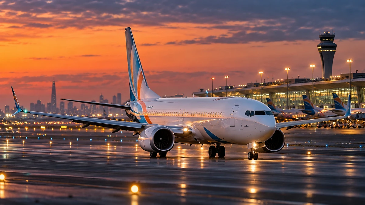 Boeing 737 MAX 8 của FlyDubai trên đường băng lúc chạng vạng, phía sau là sân bay quốc tế, không khí căng thẳng nhưng không mô tả bạo lực, phong cách ảnh báo chí chân thực