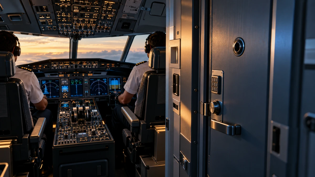Góc cận cảnh buồng lái Boeing 737 hiện đại với bảng điều khiển và cửa cockpit bảo mật, nhấn mạnh nguy cơ insider threat và kiểm soát truy cập