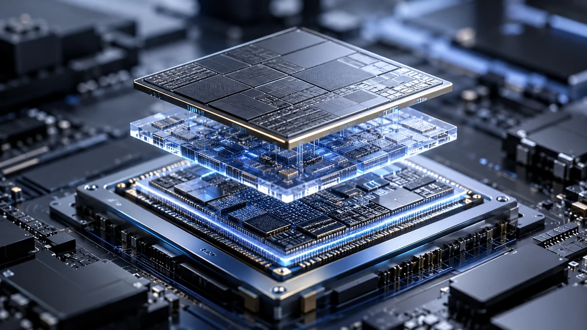 Ảnh macro bán dẫn phong cách kỹ thuật, Kirin 9050 Pro ở trung tâm với hai lớp silicon LogicFolding tách nhẹ theo chiều dọc, thể hiện rõ cấu trúc chip 3D.