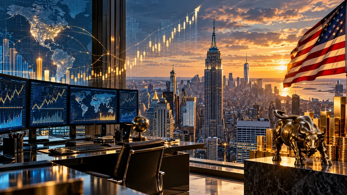 Toàn cảnh trung tâm tài chính Mỹ kết hợp đường chân trời New York, biểu đồ tăng trưởng kinh tế và các lớp dữ liệu tài chính hiện đại, thể hiện sức mạnh kinh tế Mỹ 2026