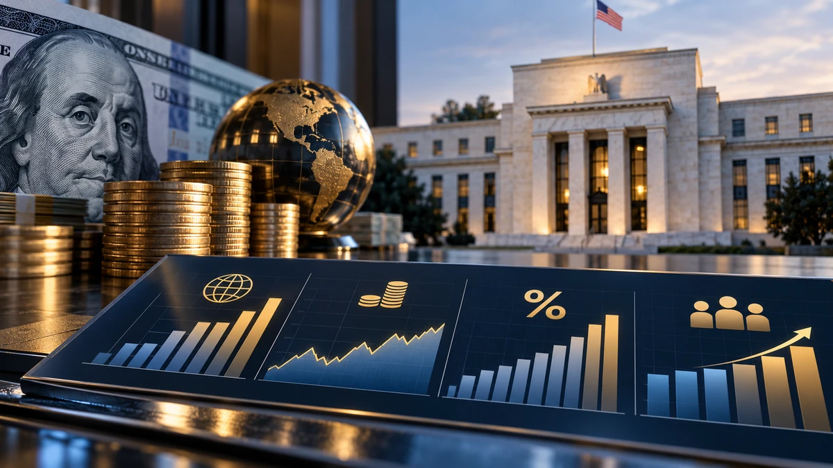 Cận cảnh bảng dữ liệu kinh tế với các chỉ báo GDP, lạm phát, lãi suất và thị trường lao động, phía sau là hình ảnh đồng USD và trụ sở Fed