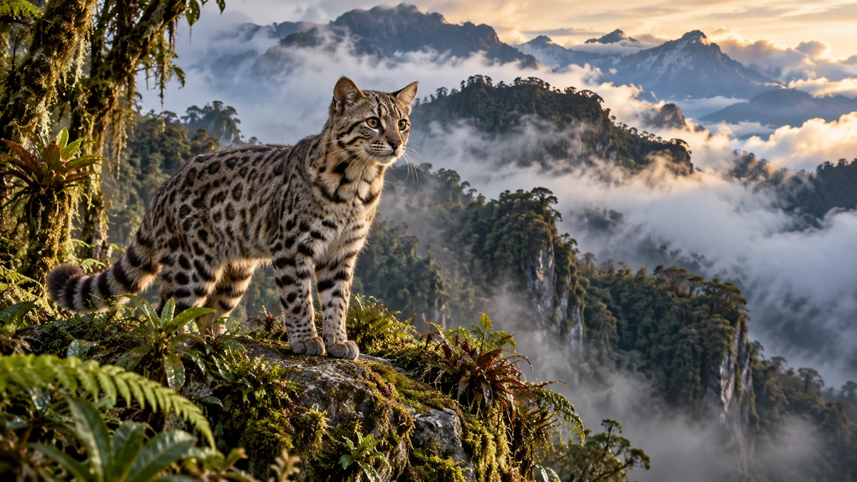 Leopardus tilcayo đứng giữa khu rừng mây vùng núi Bolivia, toàn cảnh sinh cảnh hoang dã phủ sương tạo cảm giác bí ẩn và nhấn mạnh phát hiện loài mới.