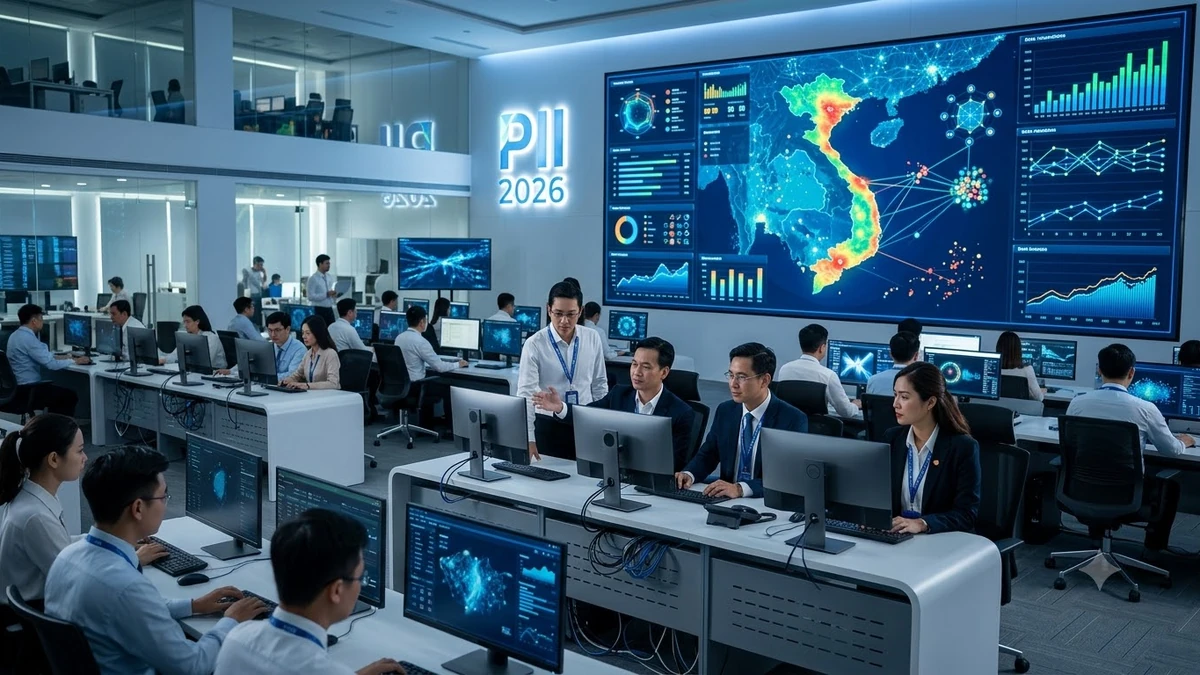 Toàn cảnh trung tâm điều hành hiện đại với bản đồ Việt Nam và bảng dữ liệu PII trực quan, thể hiện đổi mới sáng tạo và quản trị địa phương dựa trên dữ liệu