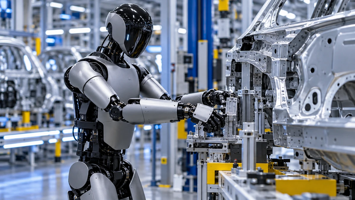 Cận cảnh Figure 02 trong môi trường nhà máy BMW Spartanburg, hai tay thao tác chính xác chi tiết kim loại trên dây chuyền sản xuất ô tô