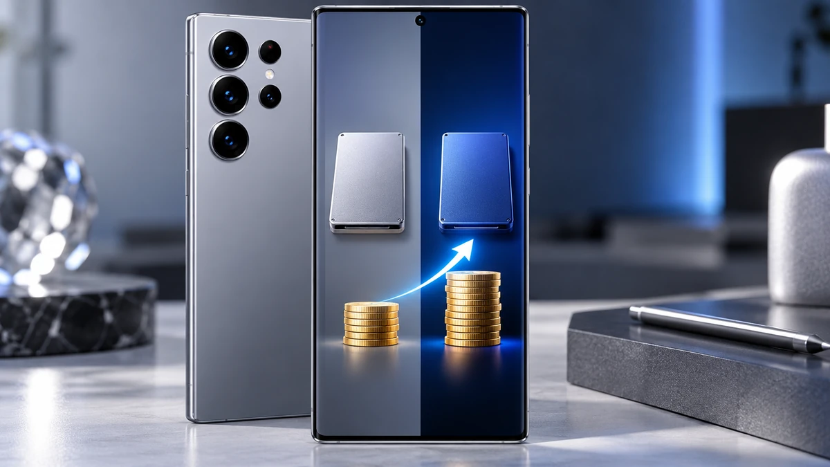 Cận cảnh Galaxy S26 Ultra với giao diện đồ họa so sánh giá trước và sau, làm nổi bật mức tăng 200 USD của phiên bản 1TB
