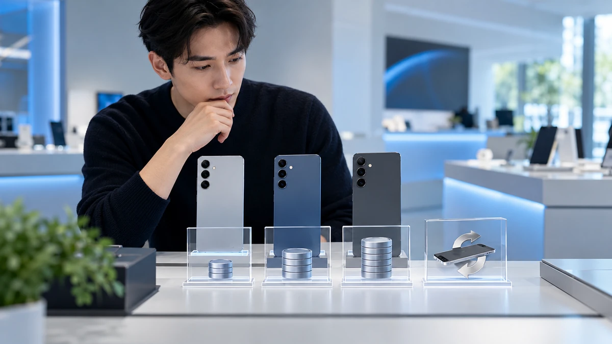 Người dùng đang so sánh các tùy chọn 256GB, 512GB và 1TB cùng chi phí trade-in trên màn hình mua Galaxy S26