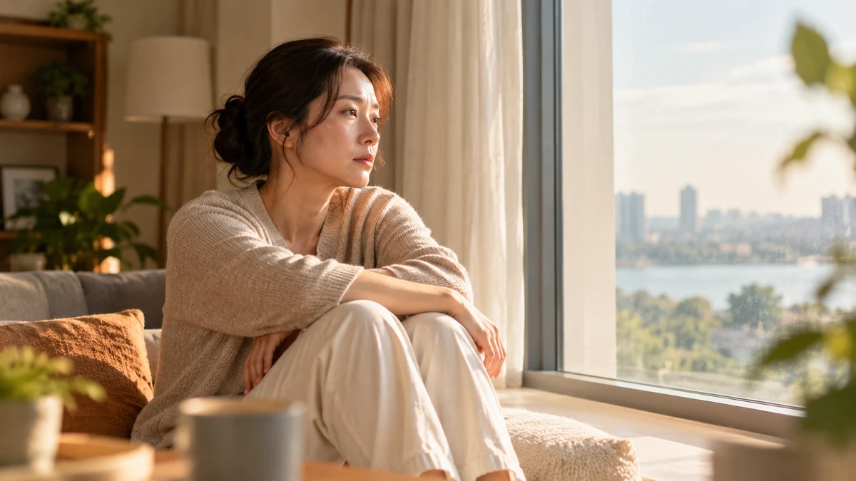 Người trưởng thành ngồi một mình bên cửa sổ trong không gian gia đình yên tĩnh, ánh sáng tương phản nhẹ thể hiện cú sốc, khoảng cách và cảm giác mất niềm tin sau khi phát hiện bạn đời phản bội, hình ảnh tinh tế không bi lụy.