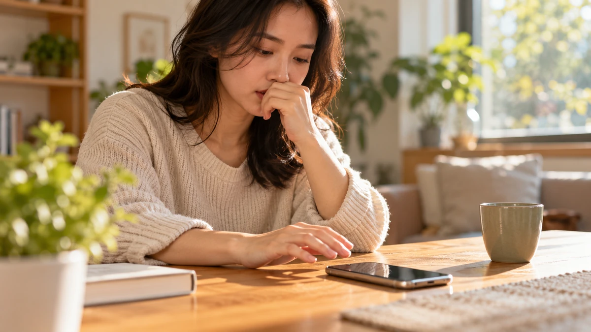 Cận cảnh đôi tay đặt cạnh điện thoại trên bàn nhưng chủ nhân chủ động không mở màn hình, diễn tả sự giằng co giữa thôi thúc kiểm tra bằng chứng và nhu cầu bảo vệ tâm lý.