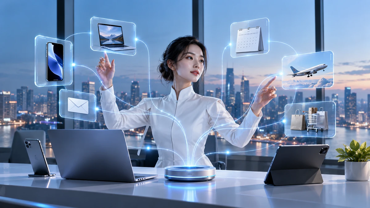 Không gian công nghệ tương lai với trợ lý AI Instinct ở trung tâm, kết nối điện thoại, máy tính, email, lịch, đặt vé và mua sắm thành một mạng lưới tác vụ tự hành