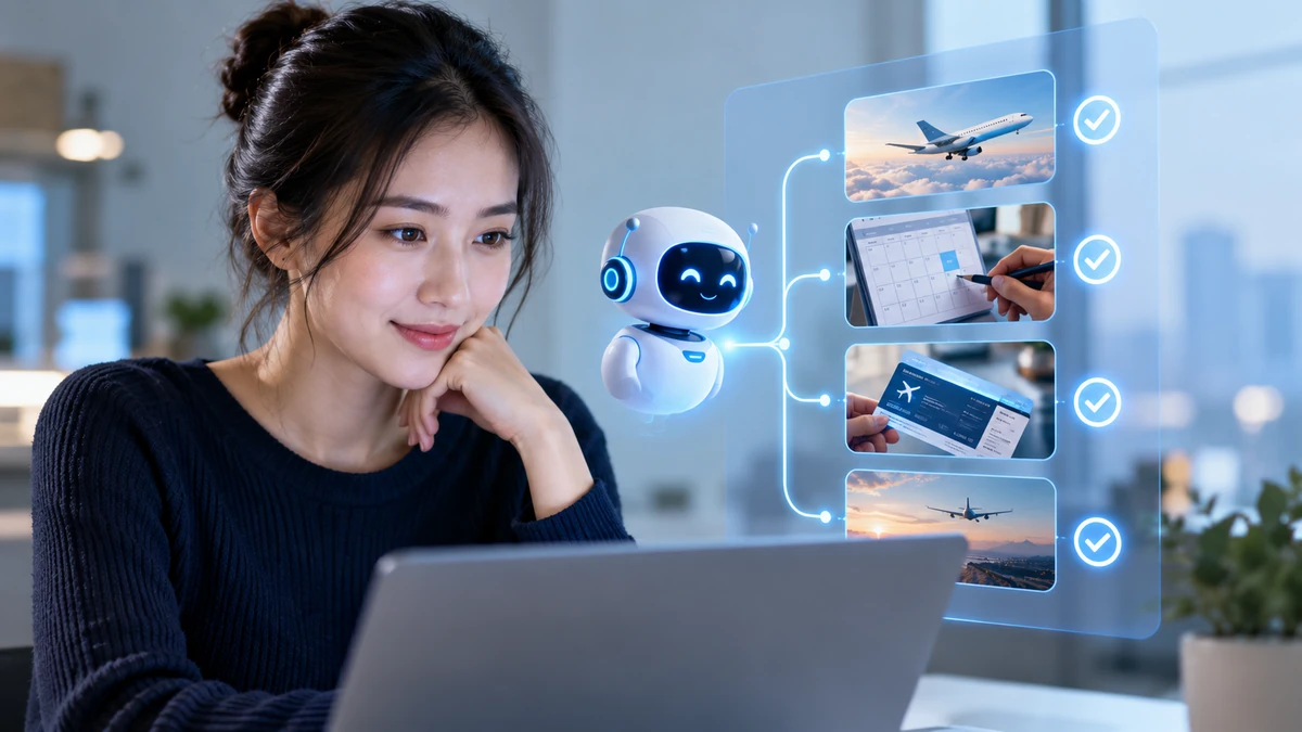 Cận cảnh giao diện hội thoại với AI agent nhận một yêu cầu và tự chia thành nhiều bước như tìm chuyến bay, kiểm tra lịch, đặt vé và xác nhận kết quả