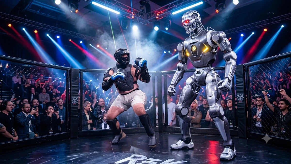 Toàn cảnh võ đài công nghệ với một võ sĩ người đối diện robot hình người cỡ lớn, khán giả và ánh đèn sự kiện tạo cảm giác căng thẳng, hiện đại