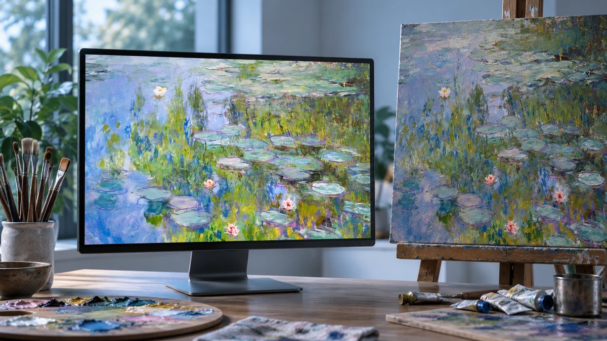 i just generated an image in the style of a monet painting using ai please describe, in as much detail as possible, what makes this inferior to a real monet painting