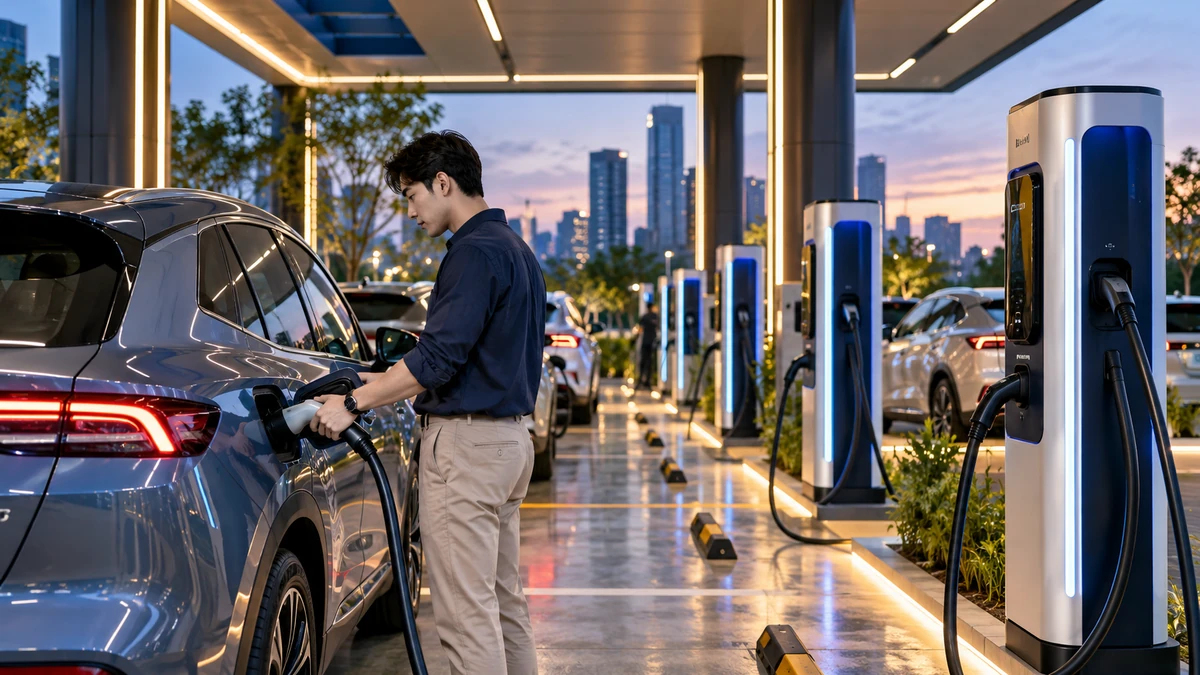 Người dùng thực tế kết nối ô tô điện với trạm sạc công cộng, phía sau là hệ thống nhiều điểm sạc đang hoạt động
