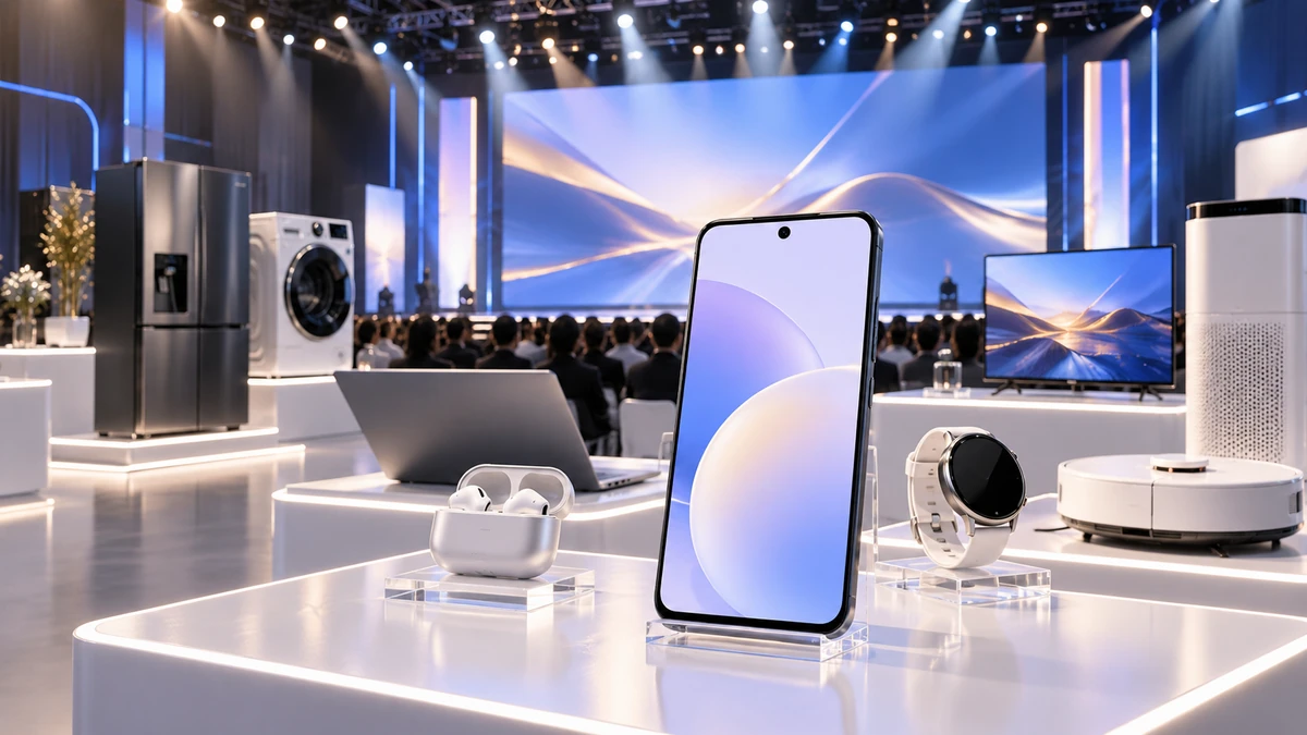 Không gian sự kiện công nghệ hiện đại với sân khấu Tech Awards 2026, màn hình lớn, các thiết bị điện tử và gia dụng tiêu biểu được trưng bày nổi bật
