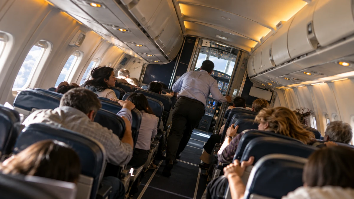 Toàn cảnh khoang Boeing 737 trong tình huống khẩn cấp, máy bay nghiêng mạnh và một hành khách tiến về phía buồng lái, không khí căng thẳng nhưng chân thực, phong cách ảnh báo chí