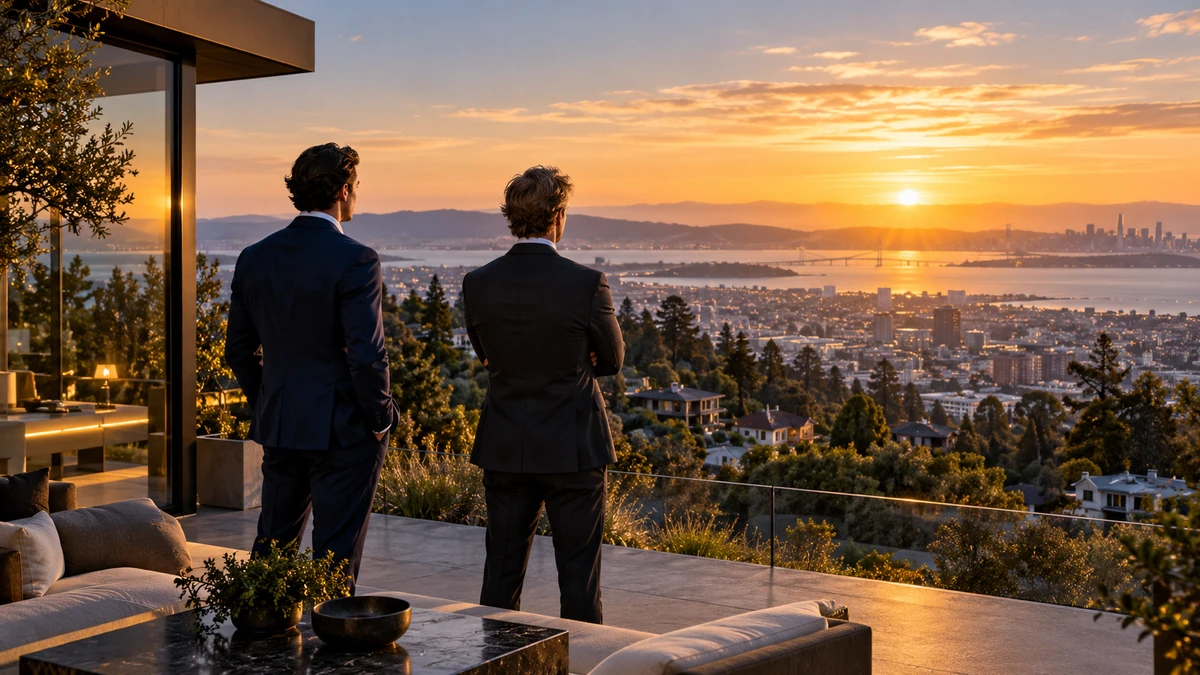 Toàn cảnh khu Oakland Hills và Panoramic Hill nhìn về vùng Berkeley, không khí trang nghiêm, dùng làm ảnh đại diện cho vụ việc liên quan hai nhà sáng lập Bryn Walker