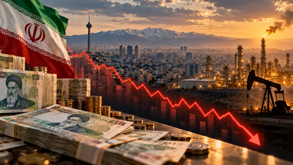 Toàn cảnh Tehran với biểu đồ đồng Rial lao dốc, các tờ tiền Iran và hình ảnh cơ sở dầu khí phía sau, thể hiện áp lực kinh tế tổng thể