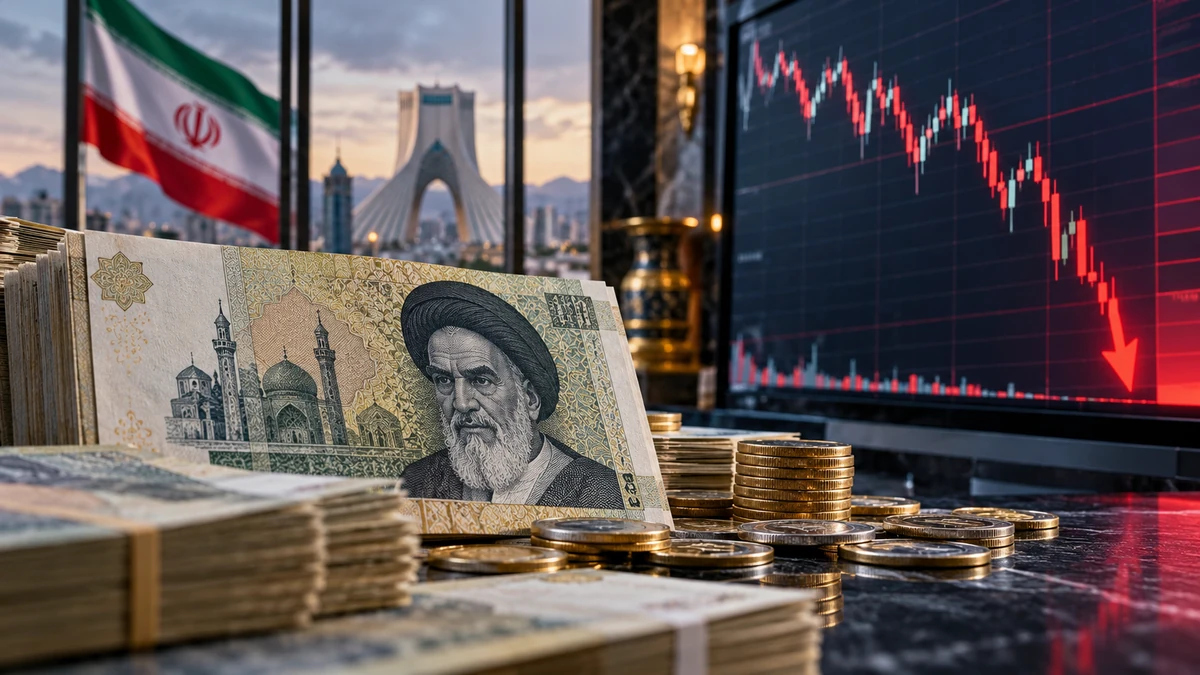 Cận cảnh tiền Rial Iran bên cạnh bảng tỷ giá Rial/USD biến động mạnh, nhấn mạnh cuộc khủng hoảng sức mua của đồng nội tệ