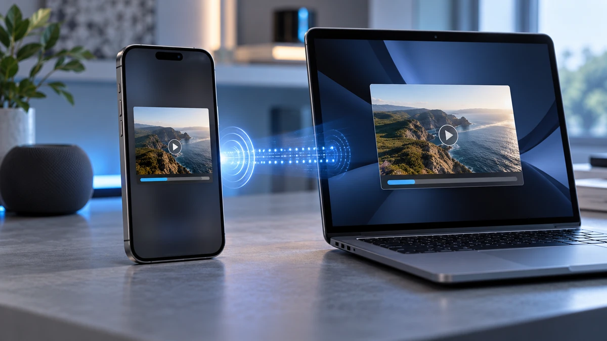 iPhone 15 Pro đang gửi video dung lượng lớn qua giao diện AirDrop sang một thiết bị Apple đặt cạnh, thể hiện trực quan chủ đề kiểm tra tốc độ truyền dữ liệu trên iOS 27.0.1