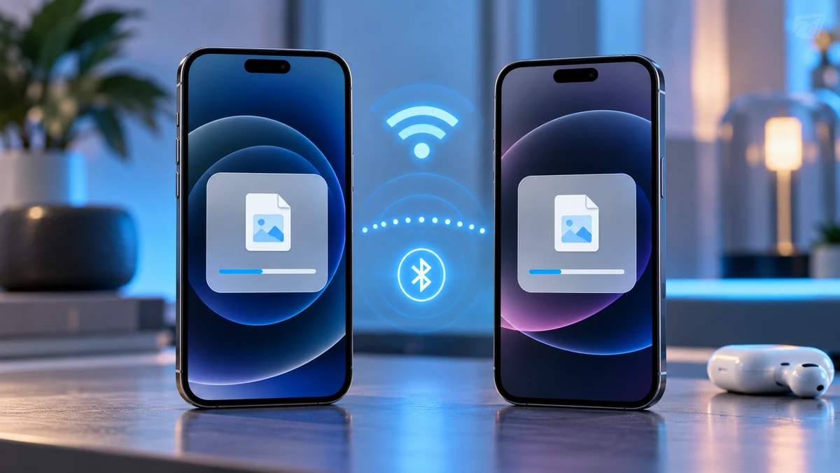 Cận cảnh hai iPhone đặt cạnh nhau với giao diện AirDrop đang truyền tệp và biểu tượng Wi-Fi, Bluetooth, nhấn mạnh cơ chế kết nối không dây trực tiếp