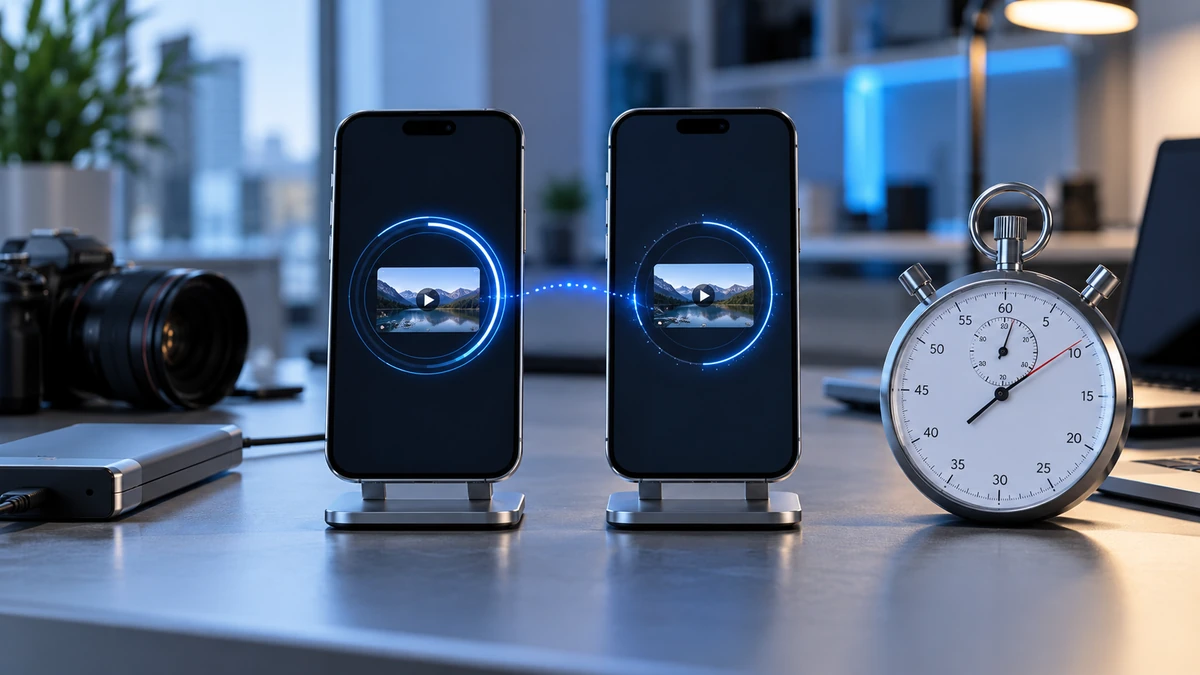 Góc nhìn thao tác thử nghiệm thực tế: hai iPhone cố định cạnh nhau, một tệp video lớn đang được gửi và đồng hồ đo thời gian dùng để so sánh các điều kiện mạng