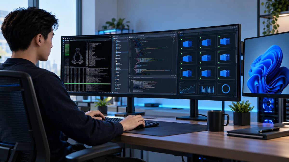 Không gian làm việc hiện đại trên Windows 11 với terminal WSL, mã nguồn và các Linux container đang vận hành song song, thể hiện sự kết hợp liền mạch giữa Windows và Linux