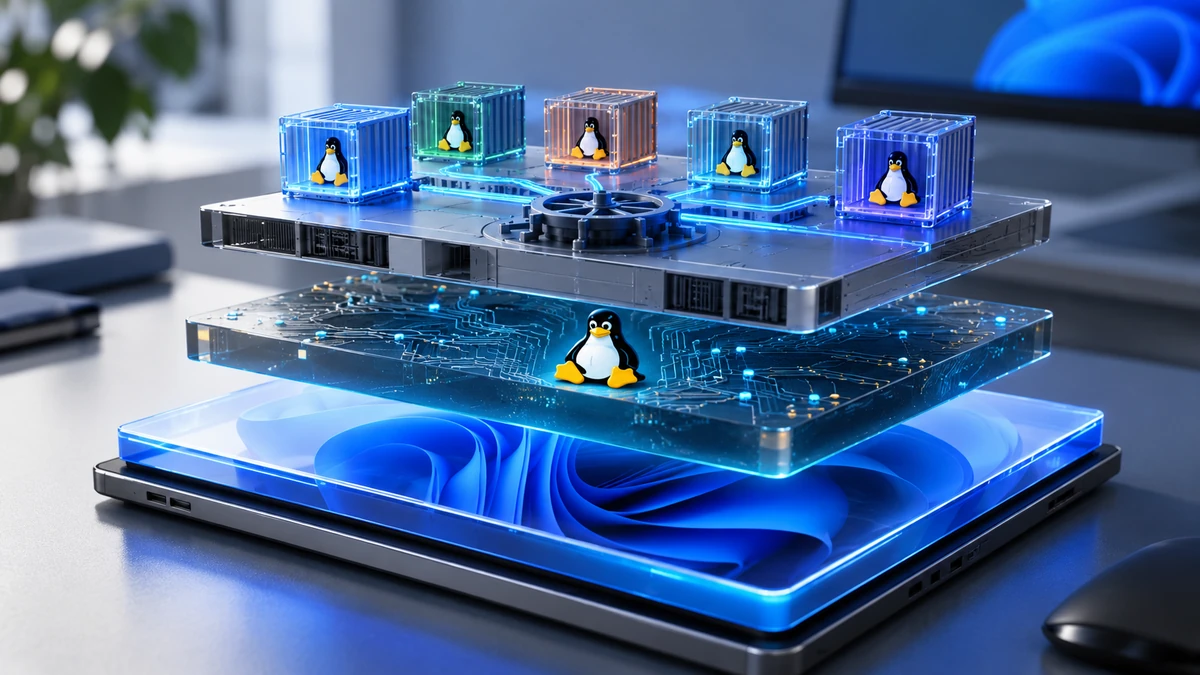 Sơ đồ cận cảnh kiến trúc Windows 11, WSL 2 Linux kernel, container engine và nhiều Linux container kết nối thành từng lớp rõ ràng