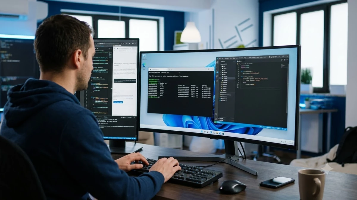 Màn hình lập trình viên thao tác Windows Terminal với WSL, kiểm tra container đang chạy và mở dự án Linux trong IDE trên Windows