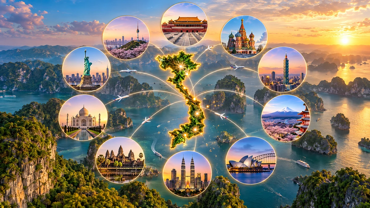 Infographic trực quan bản đồ Việt Nam với 10 thị trường nguồn nổi bật gồm Trung Quốc, Hàn Quốc, Nga, Đài Loan, Hoa Kỳ, Ấn Độ, Nhật Bản, Australia, Campuchia và Malaysia