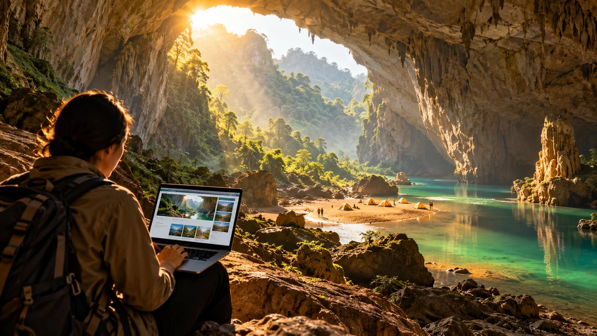 Toàn cảnh hang Sơn Đoòng hùng vĩ kết hợp tiền cảnh là màn hình laptop hiển thị website đặt tour đáng ngờ, tạo tương phản giữa trải nghiệm du lịch cao cấp và nguy cơ lừa đảo trực tuyến.
