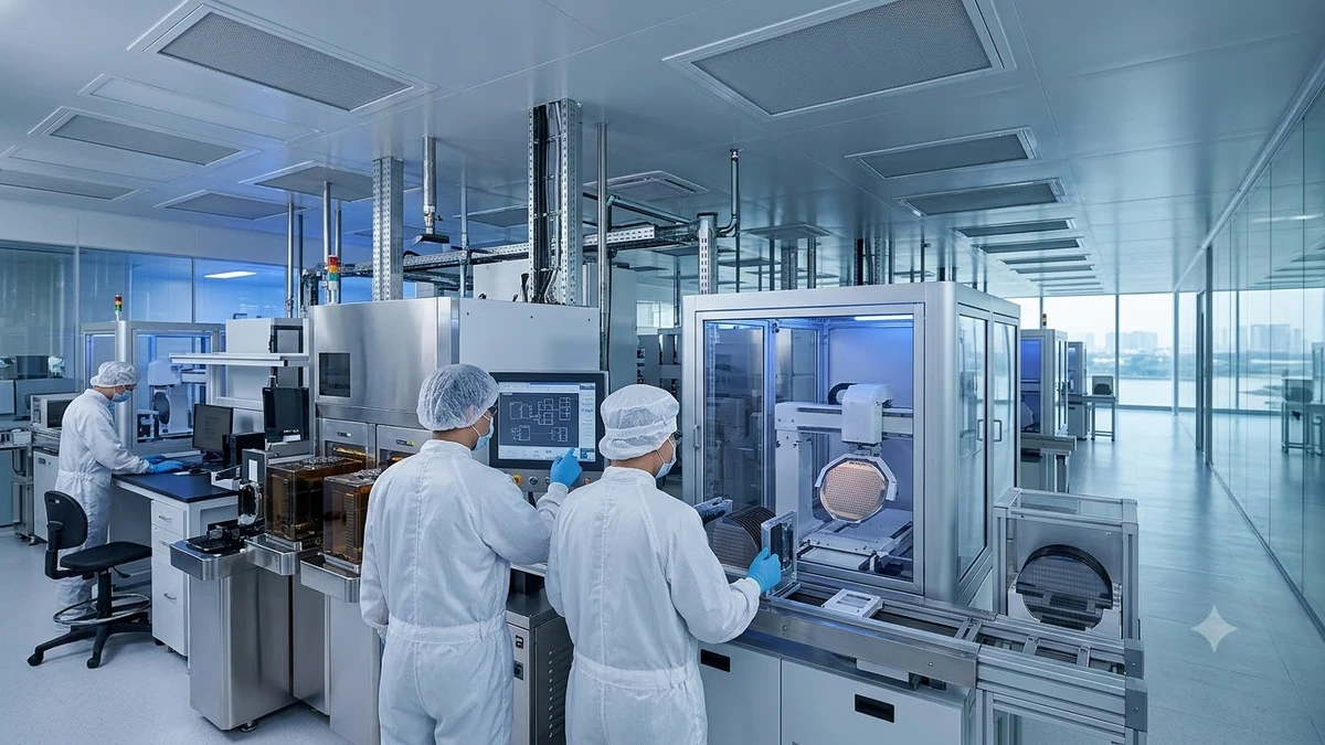 Toàn cảnh phòng thí nghiệm bán dẫn hiện đại tại TP HCM, kỹ sư làm việc bên hệ thống thiết bị và wafer, thể hiện hệ sinh thái công nghiệp chip công nghệ cao