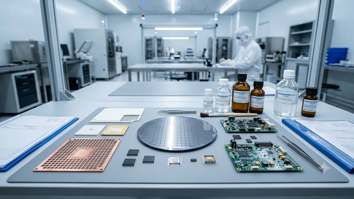 Cận cảnh wafer silicon, chip bán dẫn và các vật liệu phụ trợ như đế mạch, khung dẫn, hóa chất chuyên dụng trên bàn kỹ thuật phòng sạch