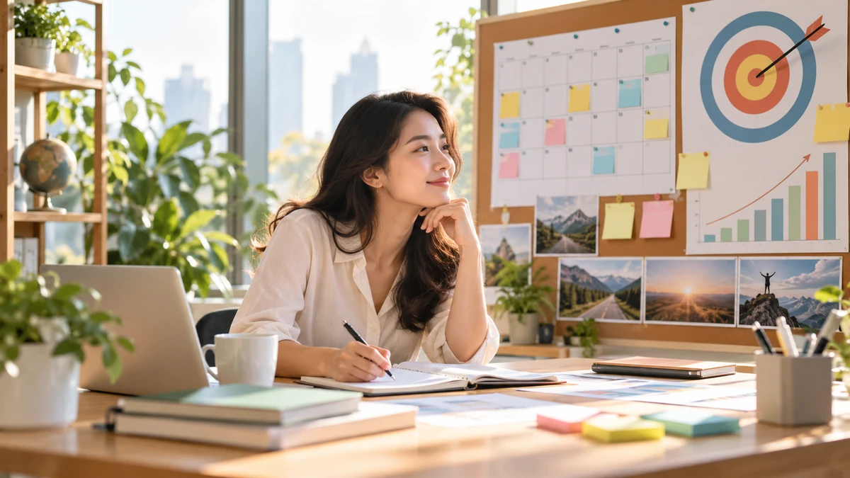 Không gian làm việc hiện đại với kế hoạch, lịch trình và sơ đồ mục tiêu, thể hiện tinh thần rà soát chiến lược và biến động lực thành hành động