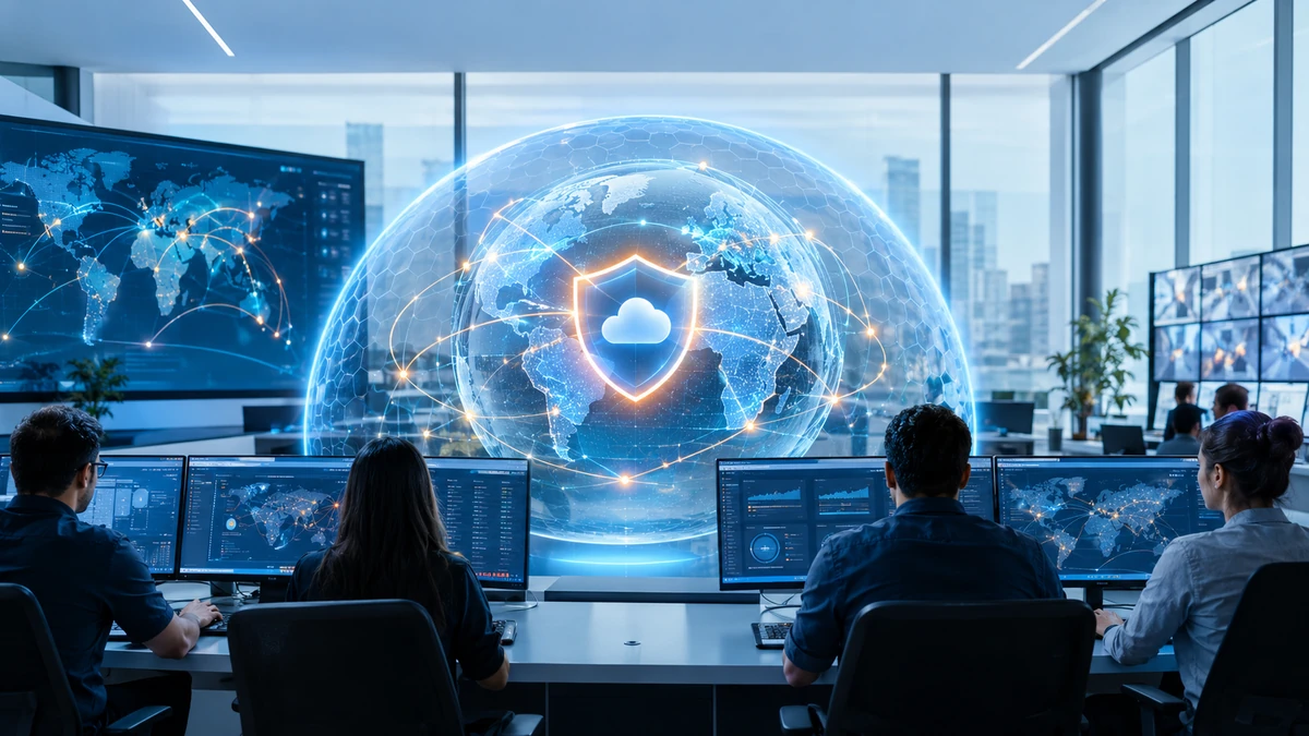 Trung tâm điều hành số của một tổ chức phi lợi nhuận với website được bao quanh bởi lớp khiên bảo mật Cloudflare, thể hiện mạng lưới toàn cầu, chống DDoS và bảo vệ dữ liệu