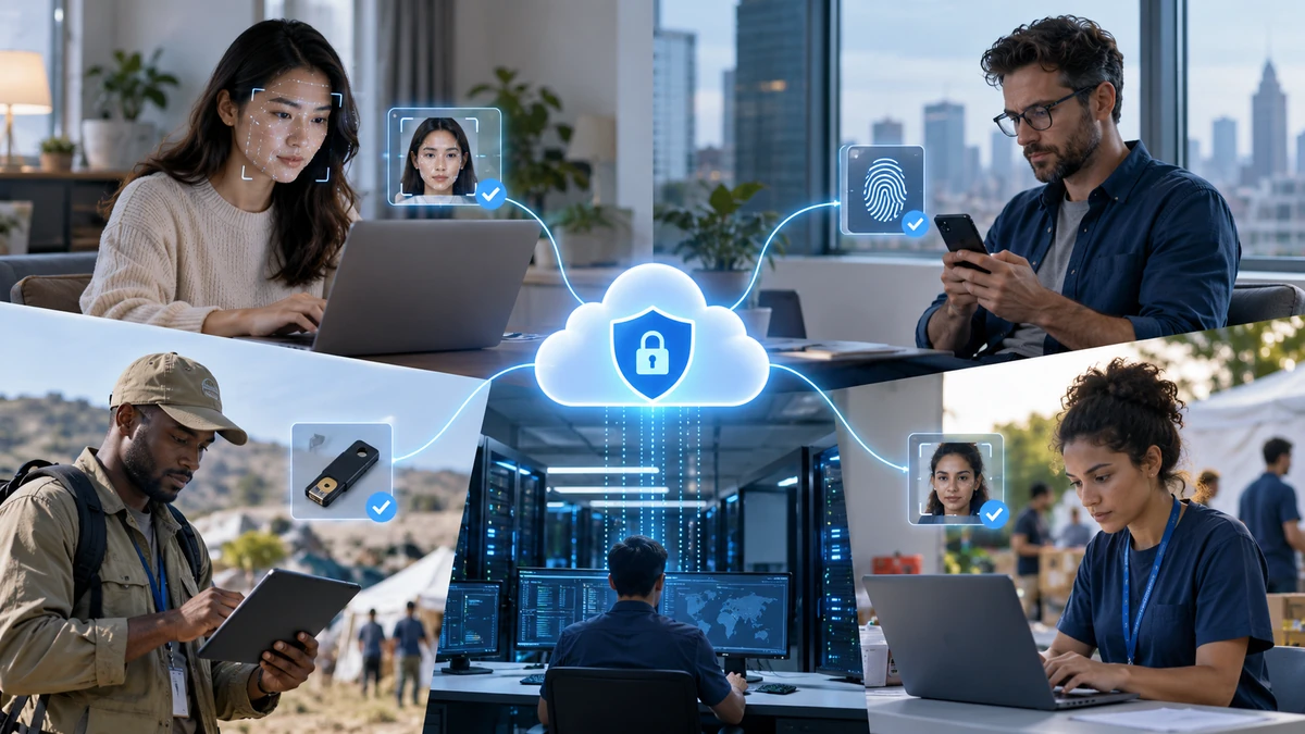 Cận cảnh mô hình Zero Trust với nhân viên và tình nguyện viên từ nhiều địa điểm xác thực danh tính trước khi truy cập các ứng dụng nội bộ