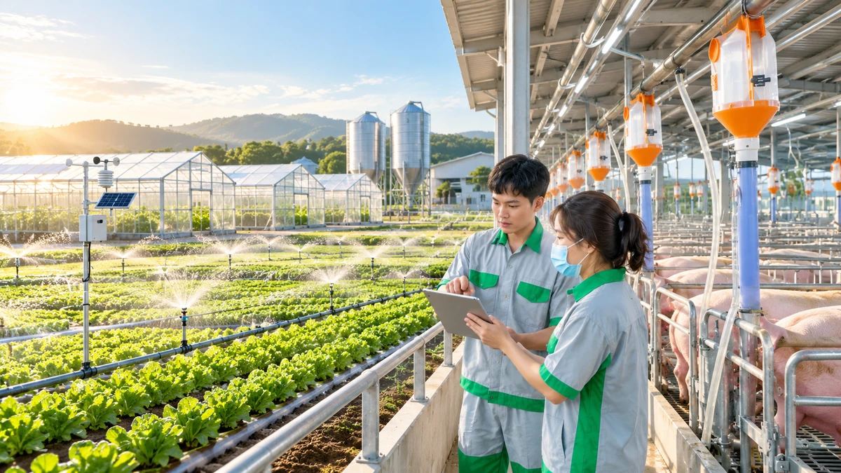 Toàn cảnh trang trại nông nghiệp thông minh hiện đại, kết hợp nhà kính, cánh đồng, hệ thống tưới tự động và người vận hành theo dõi dữ liệu trên máy tính bảng