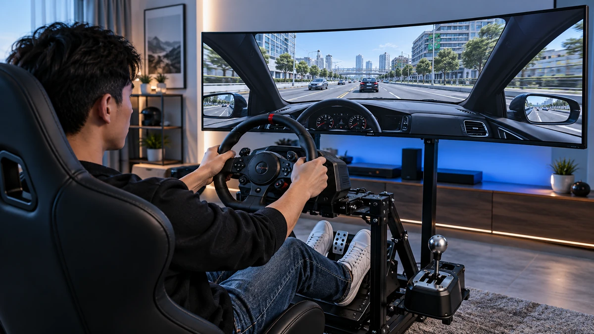 Góc rộng một góc tập lái tại nhà hiện đại với vô lăng gaming, pedal, cần số và màn hình hiển thị cabin ô tô trên đường phố, tạo cảm giác mô phỏng chân thực