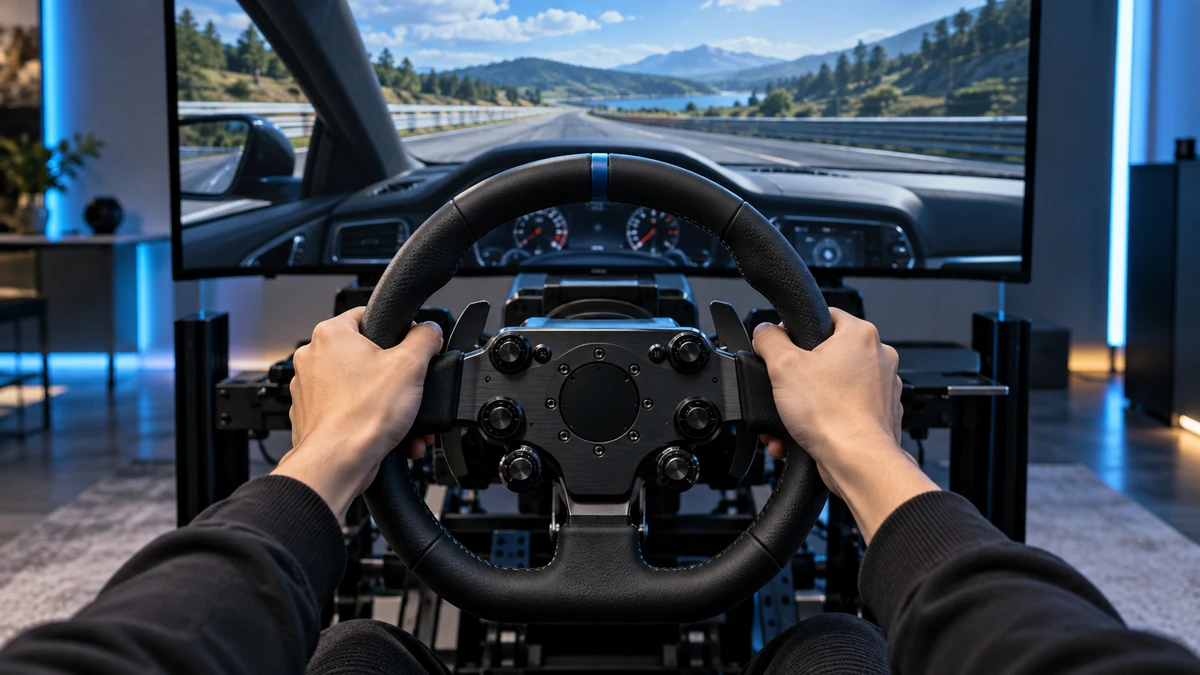 Cận cảnh hai tay đặt đúng vị trí trên vô lăng gaming có Force Feedback, phía sau là màn hình mô phỏng góc nhìn từ ghế lái