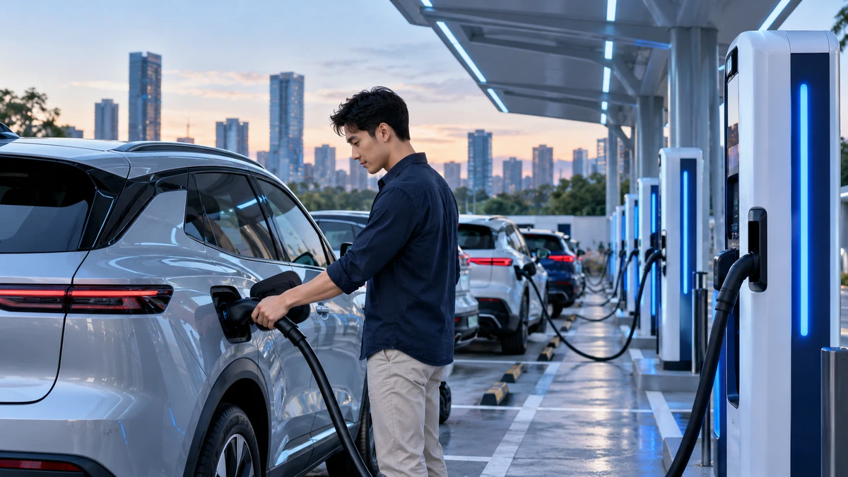 Người dùng đang cắm sạc cho ô tô điện tại trạm sạc nhanh hiện đại, phía sau có nhiều xe điện hóa đang chờ sạc, thể hiện vai trò của hạ tầng