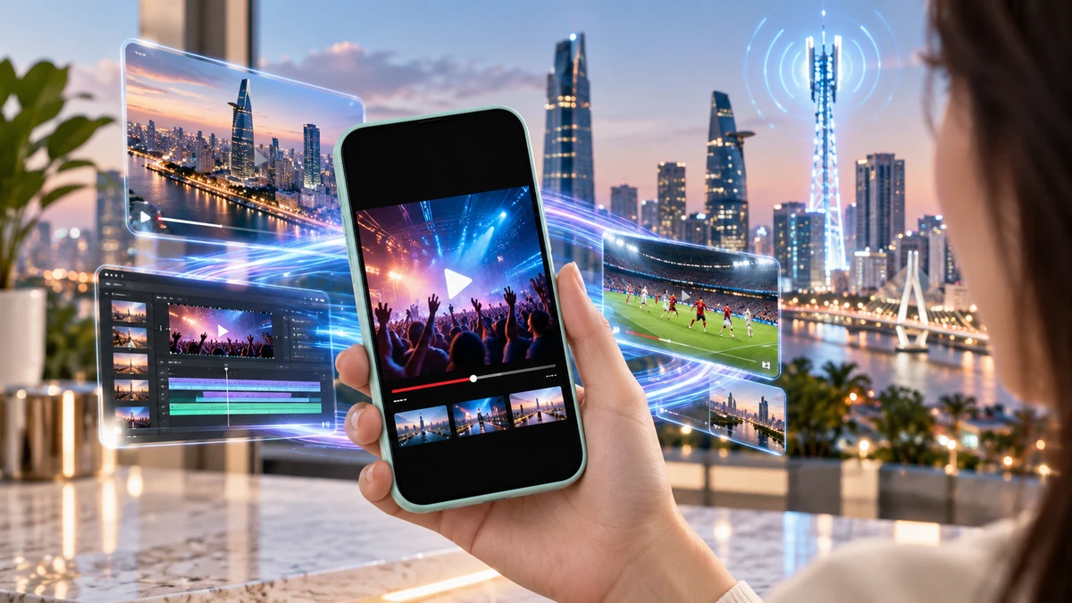Smartphone kết nối mạng 5G tốc độ cao, xung quanh là giao diện tượng trưng cho video, chỉnh sửa nội dung và truyền hình số, bối cảnh đô thị Việt Nam hiện đại