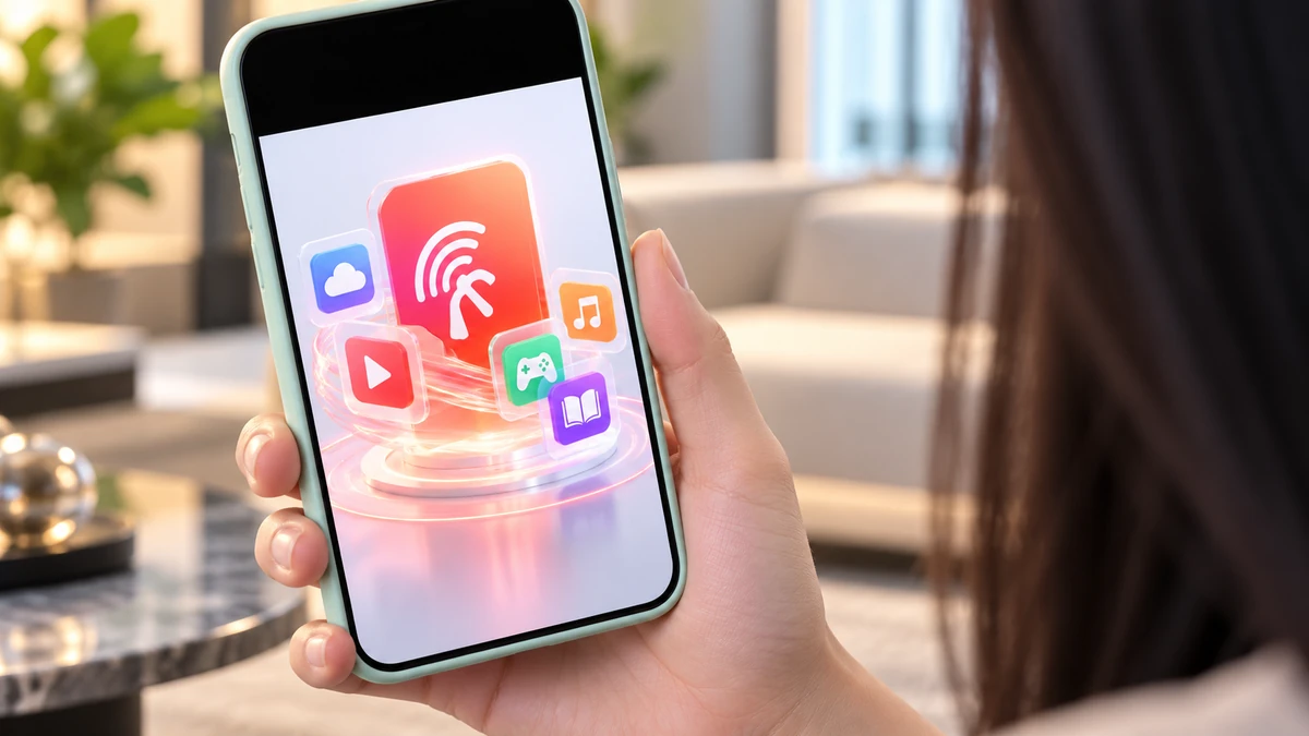 Cận cảnh màn hình smartphone hiển thị một gói 5G tích hợp data và các quyền lợi dịch vụ số bản quyền, nhấn mạnh cấu trúc gói và chi phí